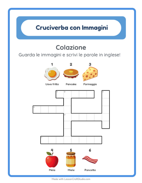 Cruciverba illustrato in inglese – Colazione