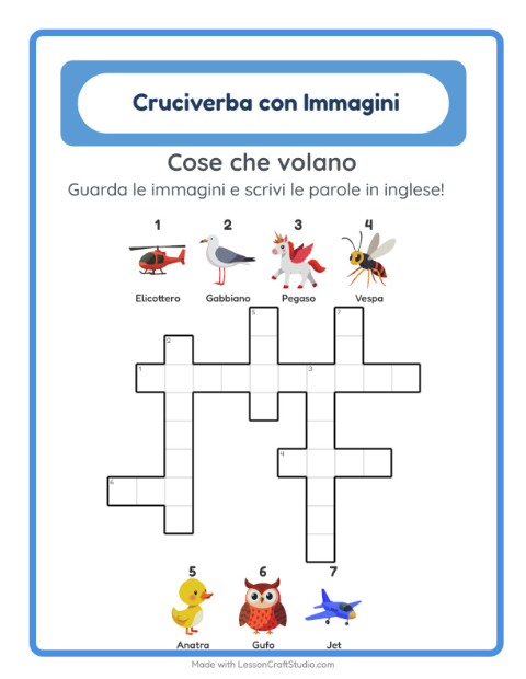 Cruciverba illustrato in inglese – Cose che volano