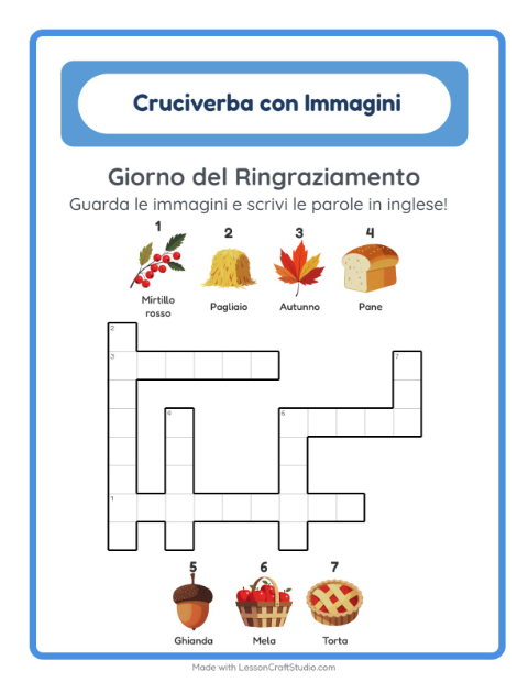 Cruciverba illustrato in inglese – Giorno del Ringraziamento