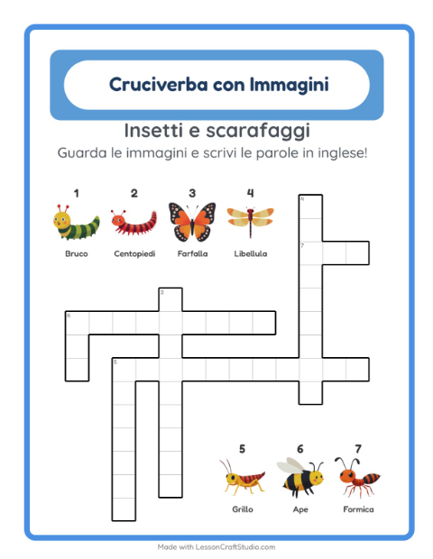 Cruciverba illustrato in inglese – Insetti e scarafaggi