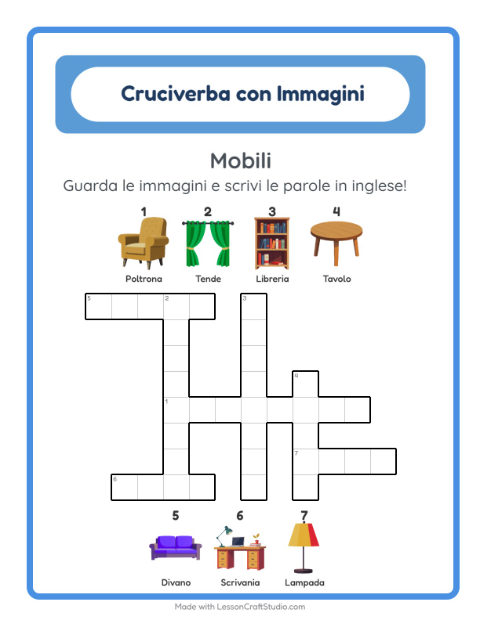 Cruciverba illustrato in inglese – Mobili