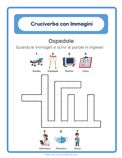 Cruciverba illustrato in inglese – Ospedale