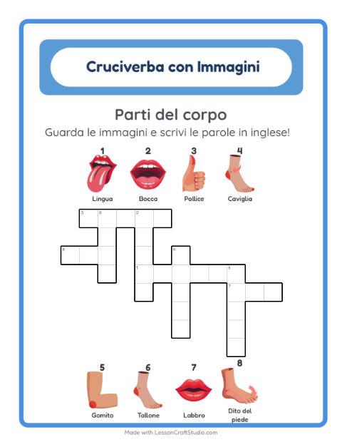 Cruciverba illustrato in inglese – Parti del corpo