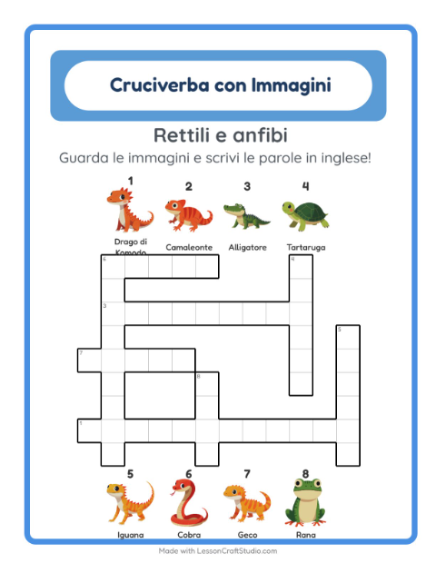 Anteprima di Imparare l’inglese: Rettili e anfibi – cruciverba per bambini
