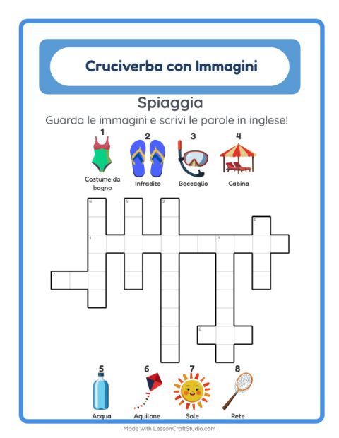 Cruciverba illustrato in inglese – Spiaggia