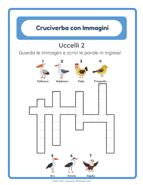 Cruciverba illustrato in inglese – Uccelli 2