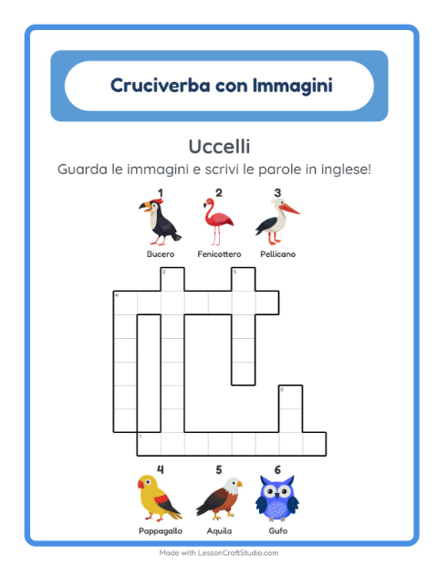 Cruciverba illustrato in inglese – Uccelli