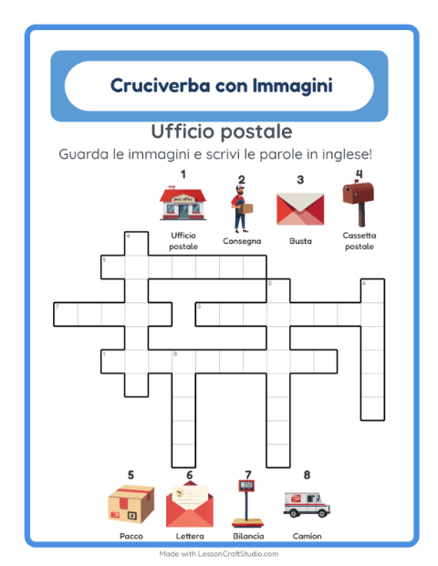 Cruciverba illustrato in inglese – Ufficio postale
