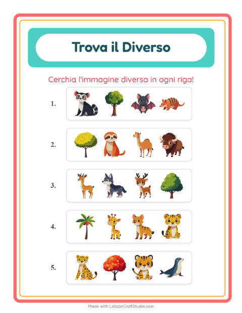 Anteprima della scheda di L'intruso con Animali dello zoo per Scuola dell'infanzia (5-7 anni)
