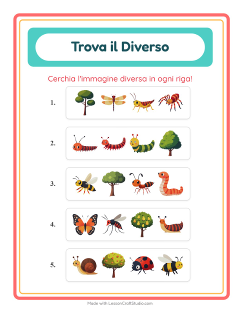 Anteprima della scheda di L'intruso con Insetti e scarafaggi per Scuola dell'infanzia (5-7 anni)
