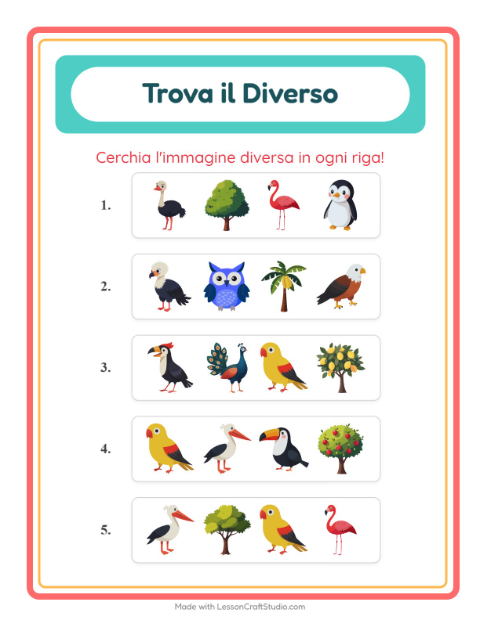 Anteprima della scheda di L'intruso con Uccelli per Scuola dell'infanzia (5-7 anni)