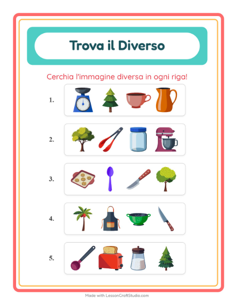 Anteprima della scheda di L'intruso con Utensili da cucina per Scuola dell'infanzia (5-7 anni)