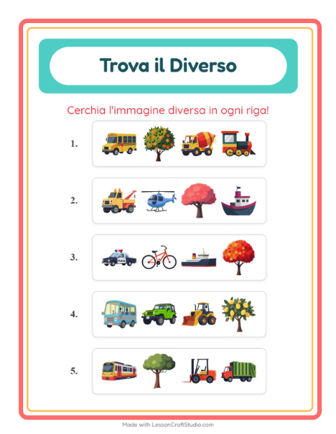 Anteprima della scheda di L'intruso con Veicoli per Scuola dell'infanzia (5-7 anni)