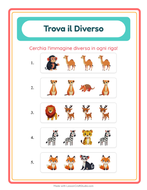 Anteprima della scheda di L'intruso con Animali dello zoo per Scuola dell'infanzia (5-7 anni)