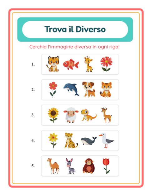 Anteprima di Trova l'intruso con Animali – la figura diversa – scheda per la scuola dell'infanzia
