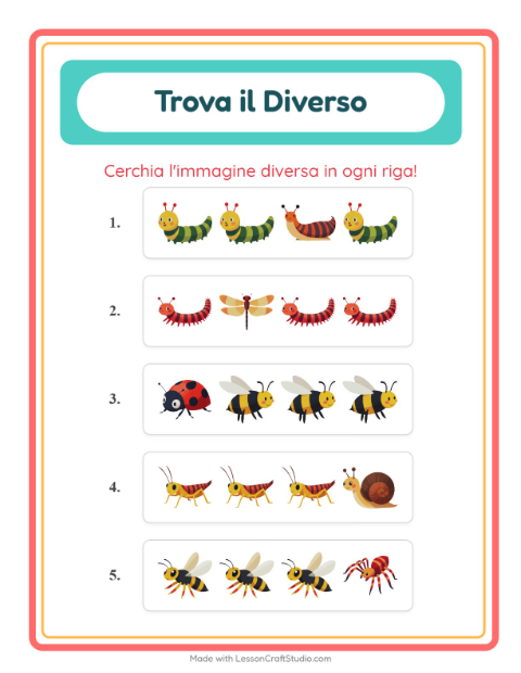 Anteprima della scheda di L'intruso con Insetti e scarafaggi per Scuola dell'infanzia (5-7 anni)