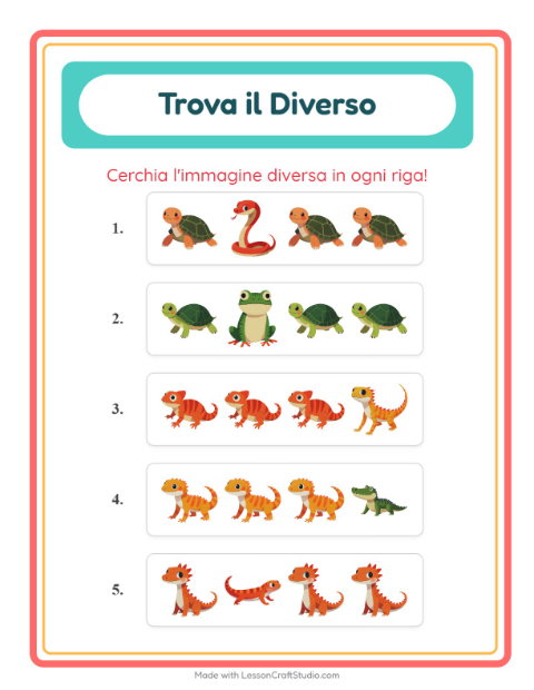Anteprima della scheda di L'intruso con Rettili e anfibi per Scuola dell'infanzia (5-7 anni)