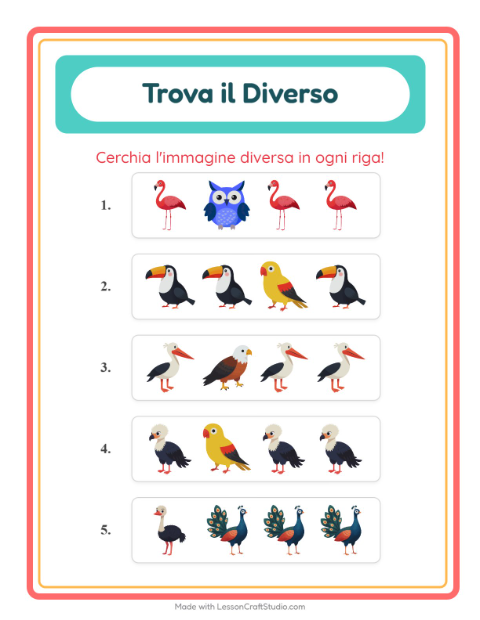 Anteprima della scheda di L'intruso con Uccelli per Scuola dell'infanzia (5-7 anni)