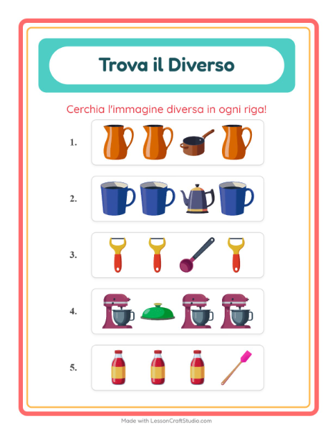 Anteprima della scheda di L'intruso con Utensili da cucina per Scuola dell'infanzia (5-7 anni)
