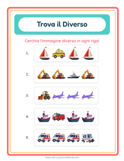 Anteprima della scheda di L'intruso con Veicoli per Scuola dell'infanzia (5-7 anni)
