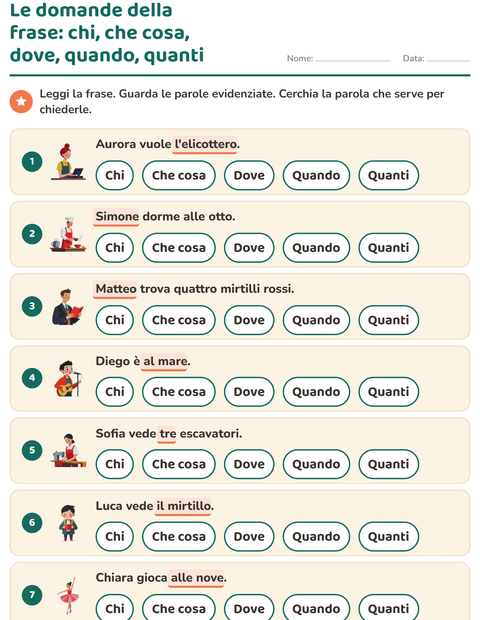 Anteprima della scheda di Le domande della frase per Scuola primaria classe prima