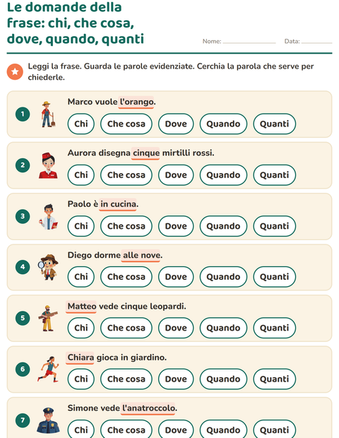 Anteprima della scheda di Le domande della frase per Scuola primaria classe prima