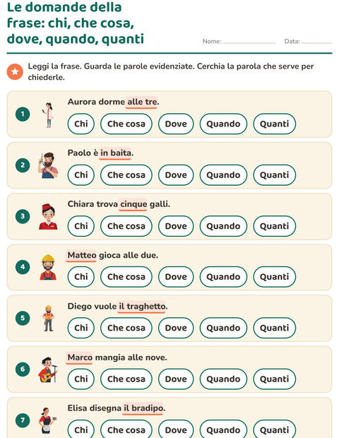 Anteprima della scheda di Le domande della frase per Scuola primaria classe prima