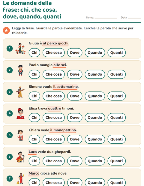 Anteprima della scheda di Le domande della frase per Scuola primaria classe prima