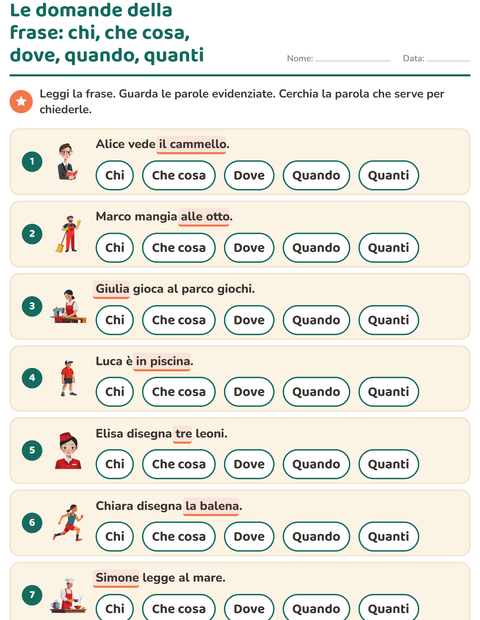 Anteprima della scheda di Le domande della frase per Scuola primaria classe prima