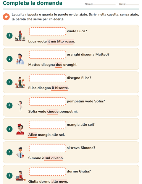 Anteprima della scheda di Le domande della frase per Scuola primaria classe prima