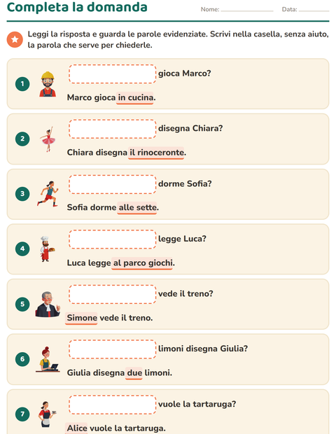 Anteprima della scheda di Le domande della frase per Scuola primaria classe prima