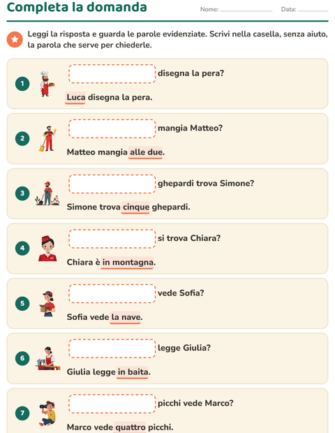 Anteprima della scheda di Le domande della frase per Scuola primaria classe prima