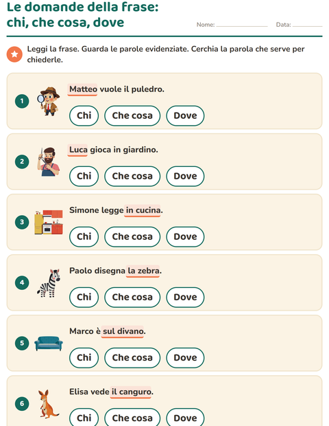 Anteprima della scheda di Le domande della frase per Scuola primaria classe prima
