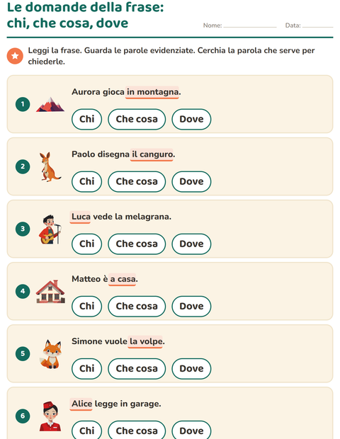 Anteprima della scheda di Le domande della frase per Scuola primaria classe prima