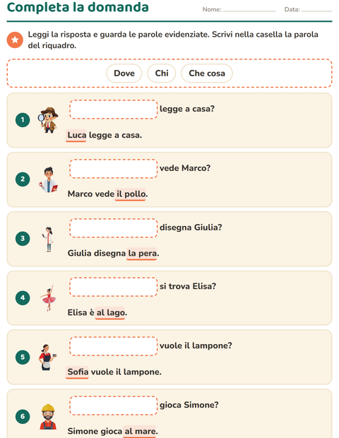 Anteprima della scheda di Le domande della frase per Scuola primaria classe prima