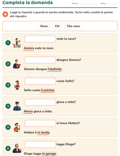 Anteprima della scheda di Le domande della frase per Scuola primaria classe prima