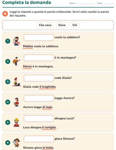 Anteprima della scheda di Le domande della frase per Scuola primaria classe prima