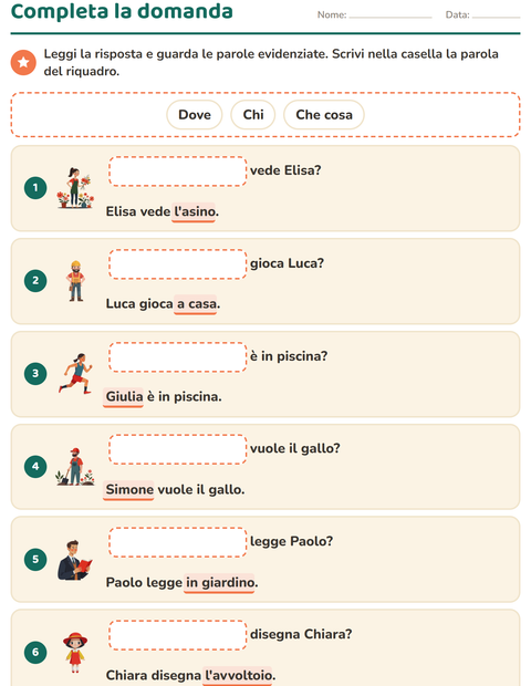 Anteprima della scheda di Le domande della frase per Scuola primaria classe prima
