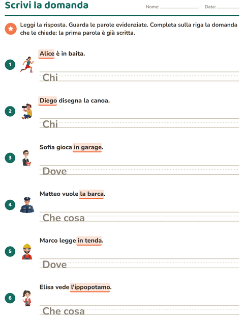Anteprima della scheda di Le domande della frase per Scuola primaria classe seconda