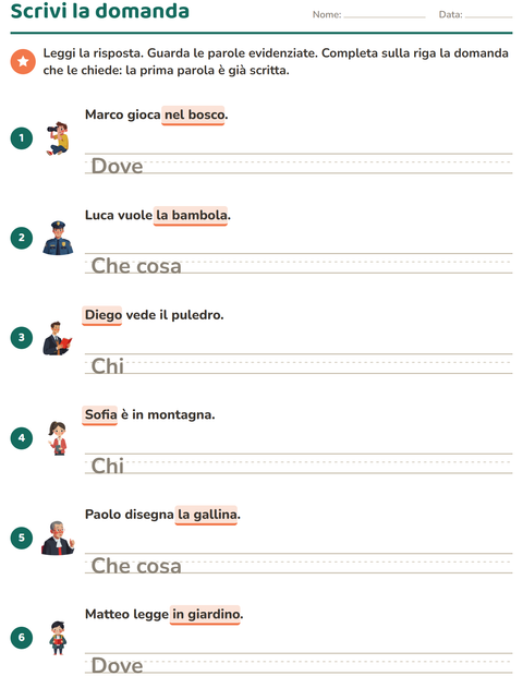 Anteprima della scheda di Le domande della frase per Scuola primaria classe seconda