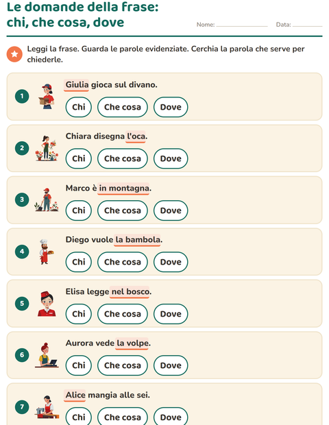 Anteprima della scheda di Le domande della frase per Scuola primaria classe prima