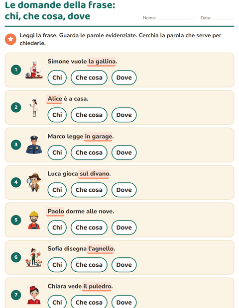 Anteprima della scheda di Le domande della frase per Scuola primaria classe prima