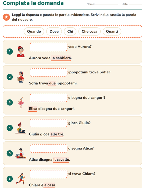 Anteprima della scheda di Le domande della frase per Scuola primaria classe prima