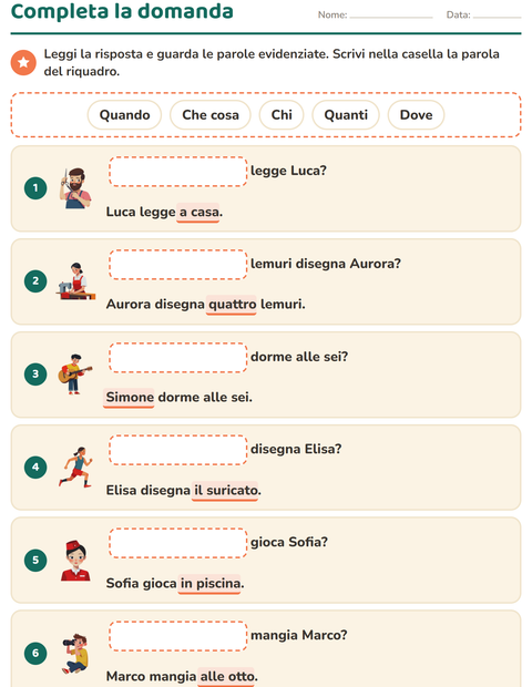 Anteprima della scheda di Le domande della frase per Scuola primaria classe prima