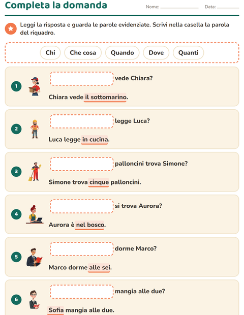 Anteprima della scheda di Le domande della frase per Scuola primaria classe prima