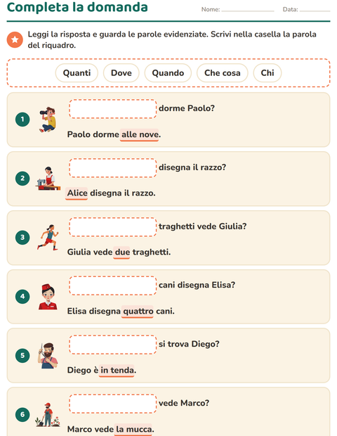 Anteprima della scheda di Le domande della frase per Scuola primaria classe prima