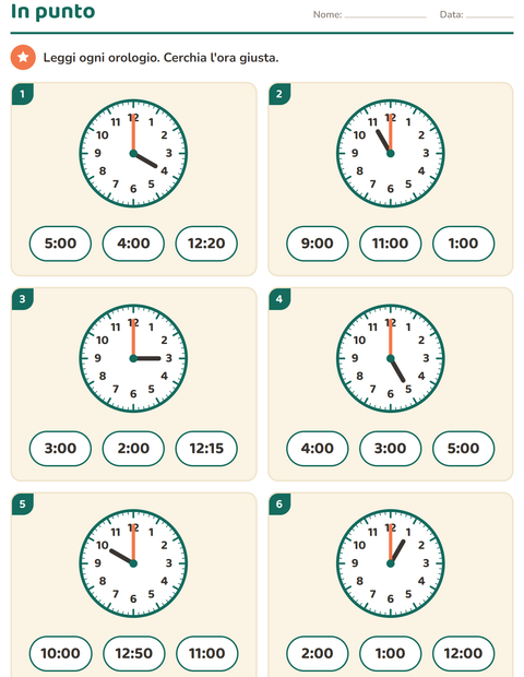 Anteprima della scheda di Leggere l'orologio per Scuola primaria classe prima