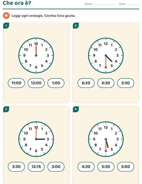 Anteprima della scheda di Leggere l'orologio per Scuola primaria classe seconda