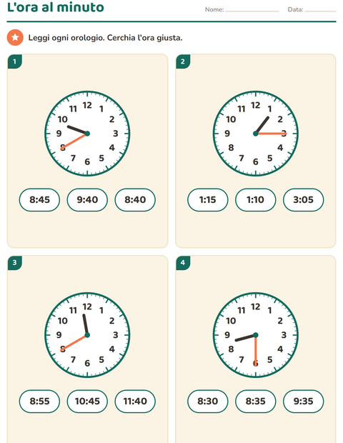 Anteprima della scheda di Leggere l'orologio per Scuola primaria classe terza