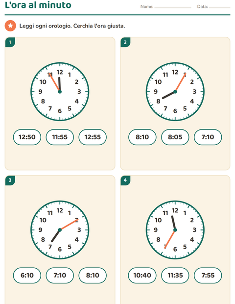 Anteprima della scheda di Leggere l'orologio per Scuola primaria classe terza